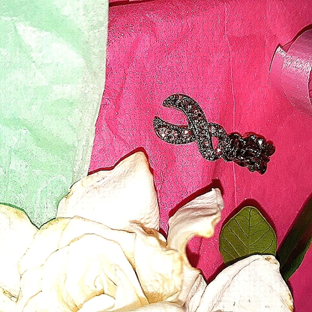 Charm European Antique silver pink crystal Cancer Hope symbol Euro Charm. NEW